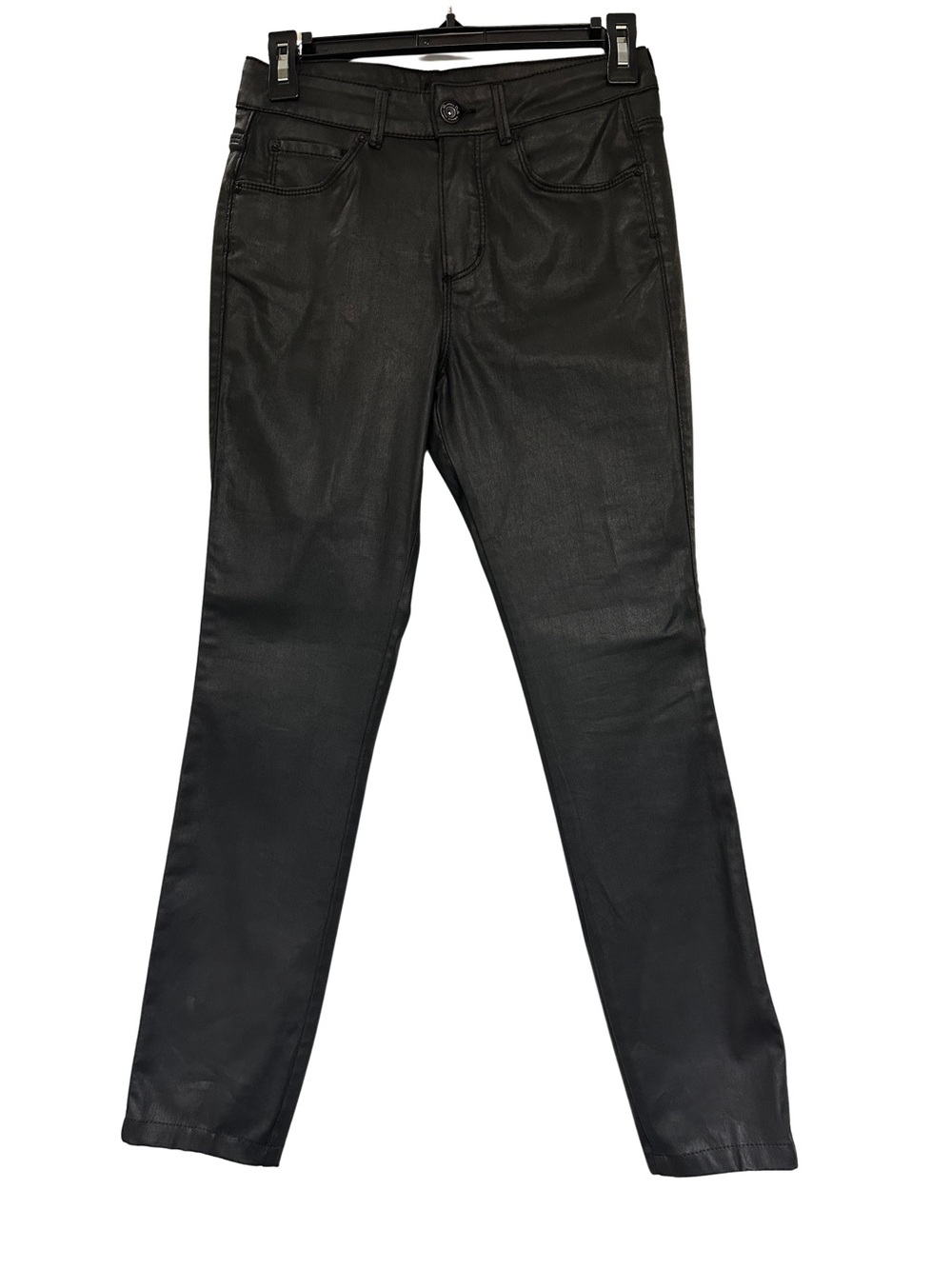 Massimo Dutti Black Coated Waxed Jeans Sz 2 Vegan Leather Look